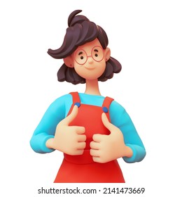 Portrait of kawaii casual brunette girl in glasses wears red overalls, blue t-shirt shows thumb up, positive hand gesture, good job, respect. Minimal stylized art. 3d render isolated on white backdrop Adlı Stok İllüstrasyon