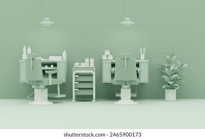 Pastel green monochrome barber shop modern Minimal . Female hairdresser interior design. Hair salon with equipment, bundle for hair care product for styling hair. 3D rendering with copy space. 库存插图