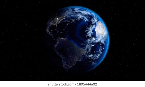 Planet Earth half night and half day with city lights and clouds in space with stars. Americas side. Stock Illustration