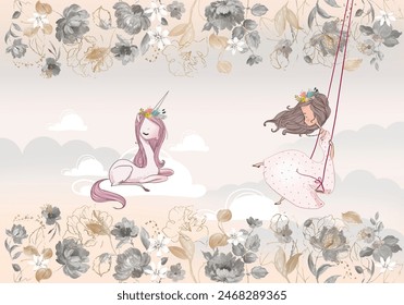 Princess and Unicorn Wallpaper for Girl room, Wall Art, Soft Colors, Dreamy, Clouds, Flowers, Girly,  little princess girl with unicorn, nursery wall art, fairytale, wonderland  Adlı Stok İllüstrasyon