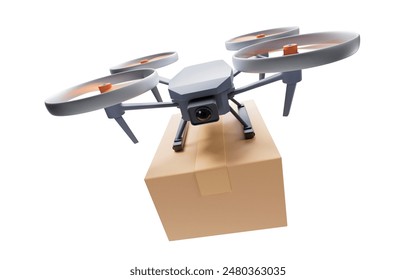 Realistic drone carrying the box, 3d rendering. 3D illustration. Arkistokuvituskuva
