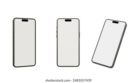 Realistic smartphone mockup on a white background. 3d mobile phone with blank white screen. Modern cell phone template. Illustration of device 3d blank screen. Stockillustration