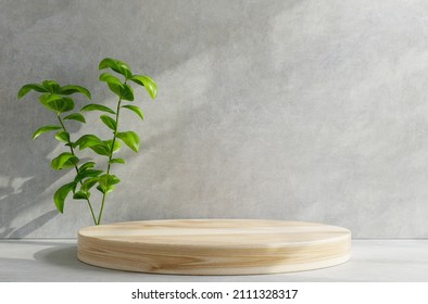 Wood podium on table counter with concrete grunge texture background.3d rendering Stockillustration
