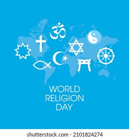 World Religion Day Poster with religious symbols illustration. Religious symbols white silhouette icon set. World map and religions symbols illustration. Important day Stock Illustration