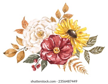 A watercolor floral arrangement featuring autumn flowers and foliage. Botanical illustration of a fall bouquet.: ilustracja stockowa