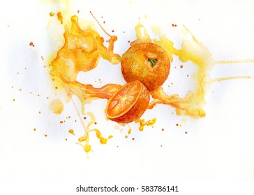 Watercolor picture of mandarin and juice Illustrazione stock