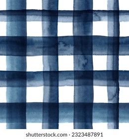 Watercolor plaid in dark navy blue. Seamless pattern. 库存插图