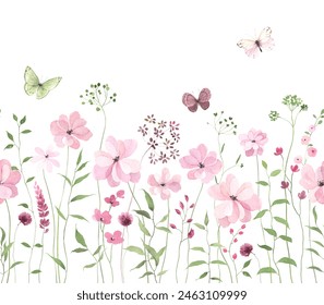 ピンクの抽象的な野生の花、緑の植物、蝶と水彩画のシームレスな境界線。壁紙や織物のための花柄の横長的な繊細なパターン、手描きのイラスト。のイラスト素材