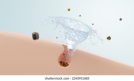 whirlpool of water cleaning dirty pore and tighten pores. 3D rendering. Illustrazione stock
