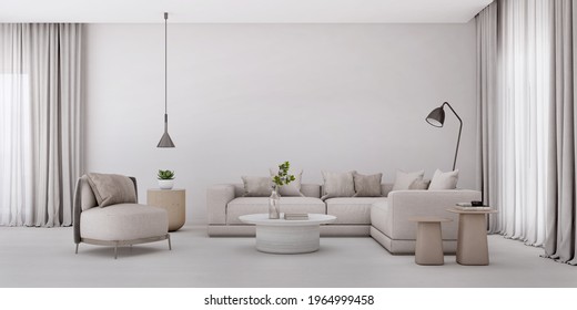 White living room in modern style.Sofa,armchair and table.Minimal concept.3d rendering Arkistokuvituskuva