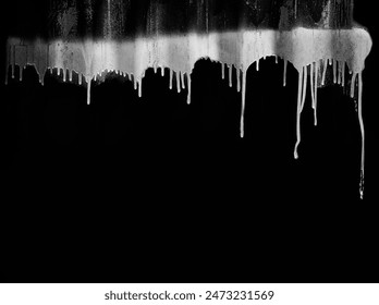 white melting drips paint. melt drips paint abstract liquid. border and drips ink. painted wall surface, flowing paint of dark color, texture. Abstract isolated on black background. illustration 库存插图