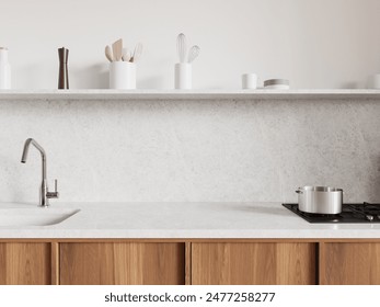 White and wooden home kitchen interior with sink and gas stove, stone counter. Closeup of minimalist cooking space with kitchenware in modern apartment. 3D rendering - Εικονογράφηση στοκ
