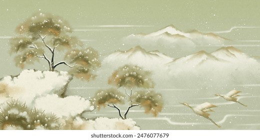Winter snow landscape ink painting, cliff edge pine ink painting 库存插图