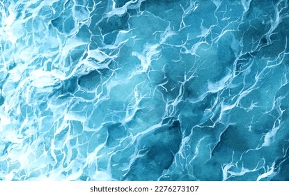 Top view of blue frothy sea surface. Blue water background. Watercolor Illustration. Ilustração Stock