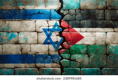 A textured mural of the Israeli and Palestinian flags on a cracked, aged wall, symbolizing the longstanding Middle East conflict Arkistokuvituskuva