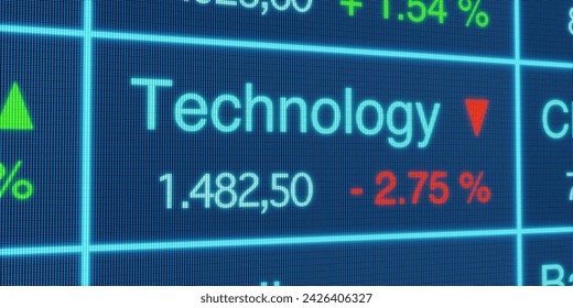 Technology sector stock index. Stock market data, technology stocks price information, percentage changes, blue screen. Stock exchange, business, trading board. 3D illustration: stockillustratie