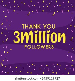Thank you 3 Million celebration poster design with confetti and purple background for 3M subscribers स्टॉक चित्रण