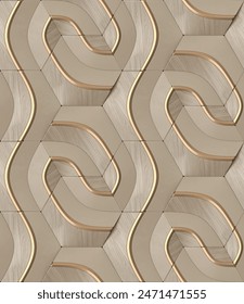 Cette  Image présente un motif géométrique 3d élégant et harmonieux avec une texture en bois et des accents dorés, adaptés aux arrière-plans ou aux fonds d'écran. Illustration 3d. : illustration de stock