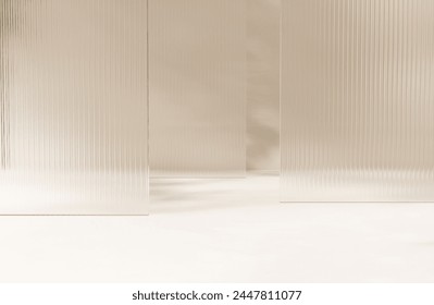 Three layers of clean fluted reeded glass in dappled sunlight, tree leaf shadow on white floor for modern, elegant, luxury fashion, beauty, cosmetic, skincare, body care, product background 3D Arkistokuvituskuva