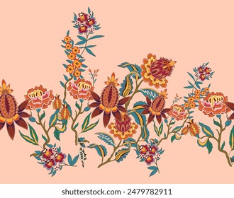 Traditional ethnic Mughal chintz Indian Buti art leaf branch bunch colorful mix flowers design seamless mix floral border digital textile print Stockillusztráció