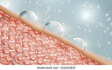 Transparent collagen bubble, serum and vitamin drop on skin cell. serum through the skin layer and reduce up saggy skin of the skin cell. 3d rendering. Illustrazione stock
