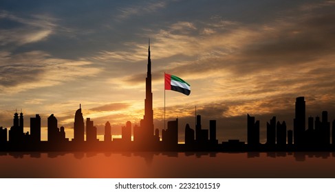 United Arab Emirates flag and Dubai skyline view at sunset. UAE celebration. National day, Flag day, Commemoration day, Martyrs day.: stockillustratie