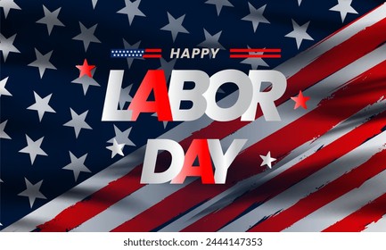USA Labor Day greeting card with brush stroke background in United States national flag colors and hand lettering text Happy Labor Day. Vector illustration. Stock Illustration