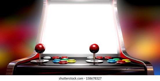 A vintage arcade game machine with colorful controllers and a bright illuminated screen on a bright arcade background Stock Illustration