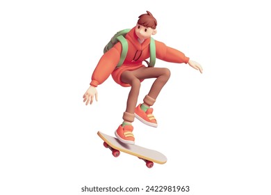 Young cute excited funny smiling сasual asian active guy in fashion clothes red hoodie, brown jeans, green backpack jump up floats in air on skateboard have fun joy. 3d render isolated white backdrop Adlı Stok İllüstrasyon
