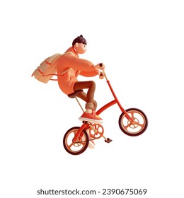 Young cute funny smiling сasual asian guy wears fashion red hoodie, brown jeans, sneakers, yellow backpack rides bicycle up floats in air have fun, rejoice, joy. 3d render isolated on white backdrop.