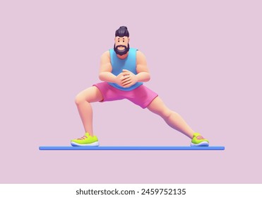 Young cute smiling bearded brunette man wears sportswear, pink shorts, blue tank top, green sneakers doing dynamic warm-up exercises, side lunges on the mat. Front view. 3d render in pastel colors. Adlı Stok İllüstrasyon