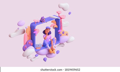 Young black thinking girl sitting on the windowsill floating in the clouds with laptop, cat, an owl, colorful plants. Woman in purple t-shirt, blue jeans, orange sneakers, white socks, cap. 3d render. Adlı Stok İllüstrasyon