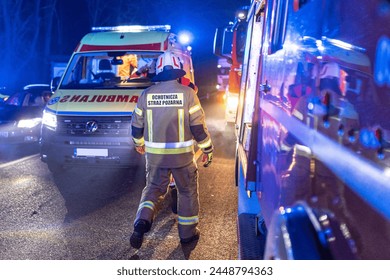 29.02.2024 Poland. Accident on the road at night. Ambulance and fire truck with emergency lights. A fireman is walking along the road Foto stock editoriale