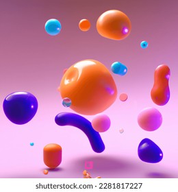 3D image of fluid abstract 3D floating objects zro gravity