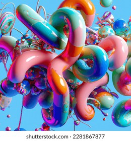 3D image of 3D image of 3D shapes floating fluid freeforms colourful