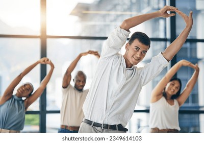 Team building, stretching and a team of business people in the office to workout for health or mobility together. Exercise, fitness and training with an employee group in the workplace for a warm up Foto Stock