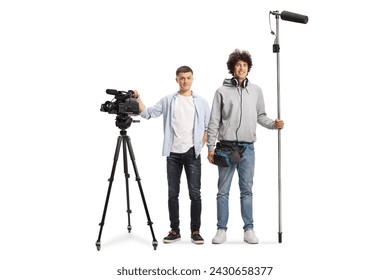 Team of boom and camera operators with recording equipment isolated on white background: stockfoto