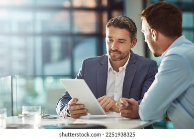 Teamwork meeting, tablet and business people in office workplace. Collaboration, technology and workers, men or employees with touchscreen planning sales, research or financial strategy in company Stock-foto