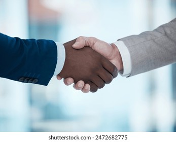 Стоковая фотография: Thank you, support and business people in office with handshake for recruitment, deal and hiring negotiation. Job interview, meeting and shaking hands for b2b agreement, congratulations or offer