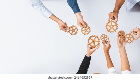 Top panorama banner of business team joining cogwheel in circular together symbolize successful group of business partnership and collective teamwork in workplace with productive efficiency. Prudent स्टॉक फ़ोटो