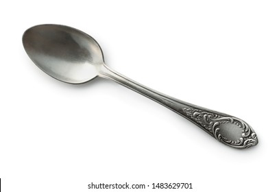 Top view of old silver tea spoon isolated on white Stock Photo