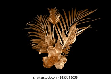 Tropical leaves gold and black, can be used as background(Monstera,palm,coconut)fern,clipping path 库存照片