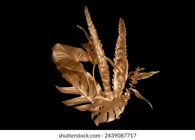 Tropical leaves gold and black, can be used as background(Monstera,palm,coconut)fern,clipping path 库存照片