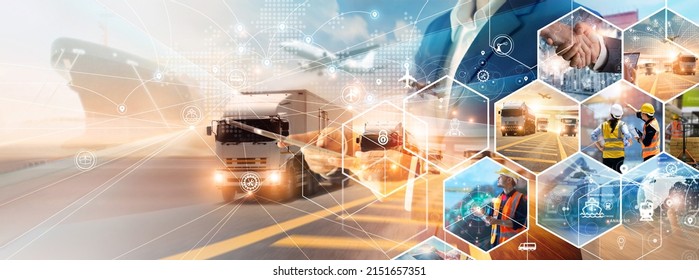 Transportation and logistic network distribution growth. Container cargo ship and trucks of industrial cargo freight for shipping. Business logistic import export and transport industry.  Stock-foto