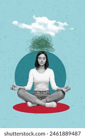 Trend artwork sketch image composite 3D photo collage of blue sky psychotherapy retreat mind think doodle session young lady meditate zen 库存照片