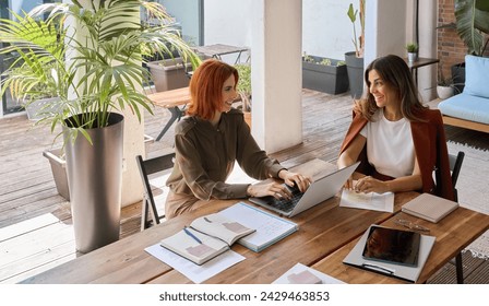 デスクに座っている緑の居心地の良いオフィスで話す若い人と中年の2人の幸せなビジネスマン。仕事でラップトップを使って会話をしているプロの女性の幹部。オーセンティック ショット、トップビュー。の写真素材