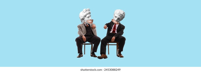 Two men in a suit with antique statue bust sitting on chair and talking. Contemporary art. Friends and team mates conversation. Concept of creativity, retro and vintage style, imagination, surrealism Stock-foto