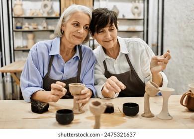 居心地の良い衣装を着た2人の女性は、アートスタジオで陶芸作品を制作しています。の写真素材