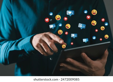 User is playing social media technology Online Surfing and Online Marketing Male hands using laptop to play or use social media replying to messages over wireless internet - Φωτογραφία στοκ