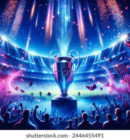 --v 5 --q 2 --ar 16:9 --stylize 500 "Generate a cinematic background inspired by the UEFA Champions League theme, using vibrant shades of blue, sky blue, and fuchsia. Envision a dynamic composition that exudes the electrifying atmosphere of a Champions
